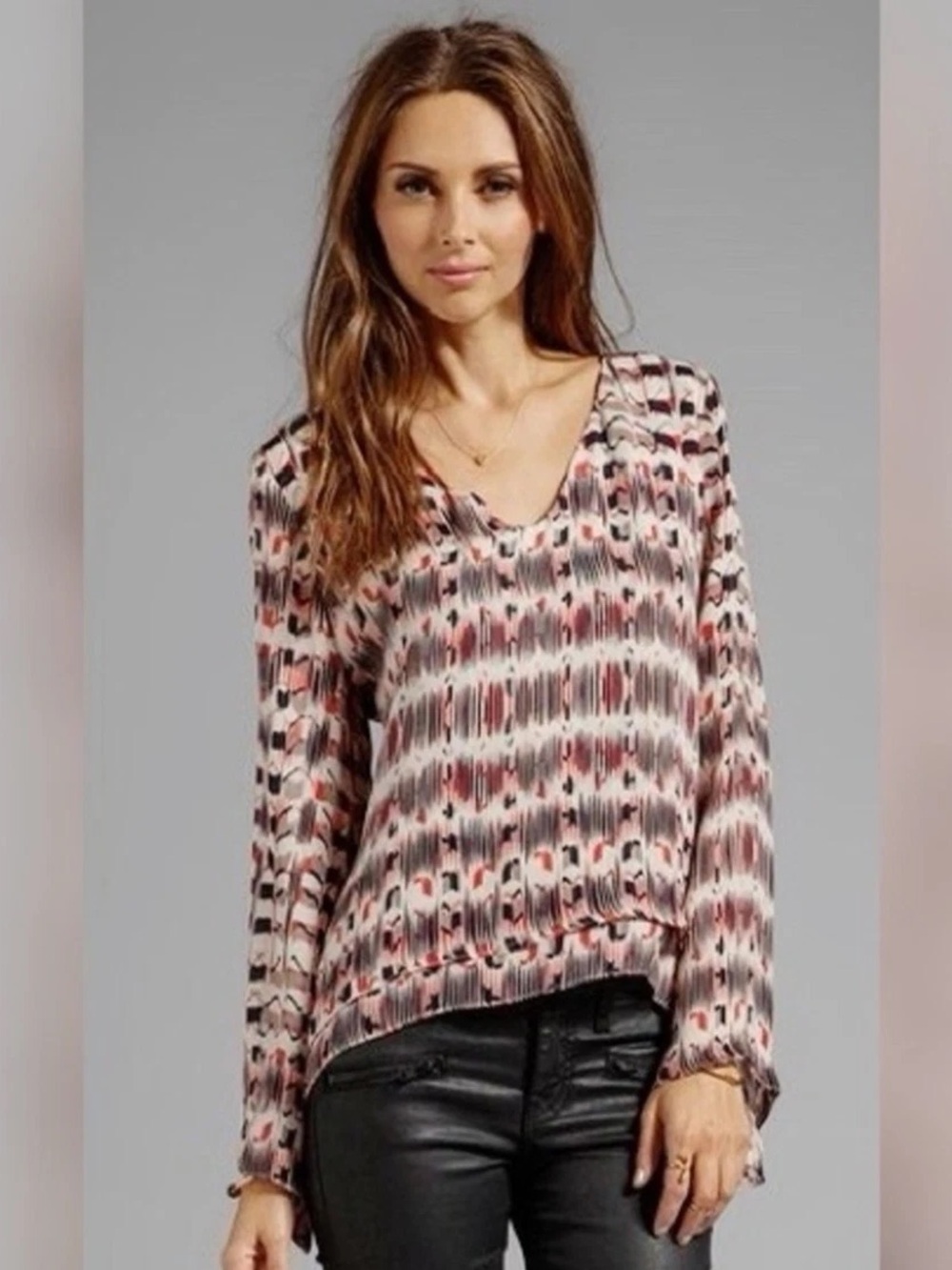 Parker Silk Bell Sleeve Blouse Geometric Print Tan Red Black | Size S